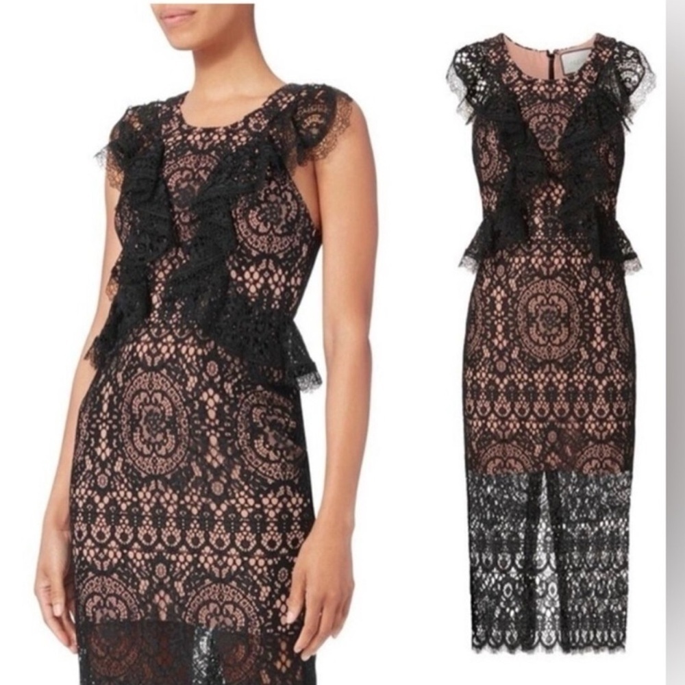 Alexis Narasse Ruffled Black Lace Racerback Dress Pink Lining S